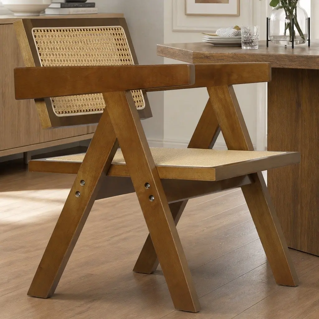 Dining Chair Rattan Weave Walnut Wooden Frame Armchair