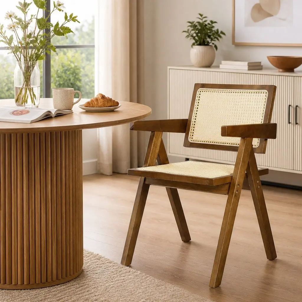 Dining Chair Rattan Weave Walnut Wooden Frame Armchair
