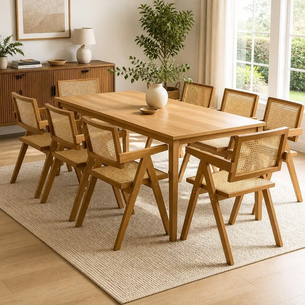 Dining Chair Rattan Weave Walnut Wooden Frame Armchair
