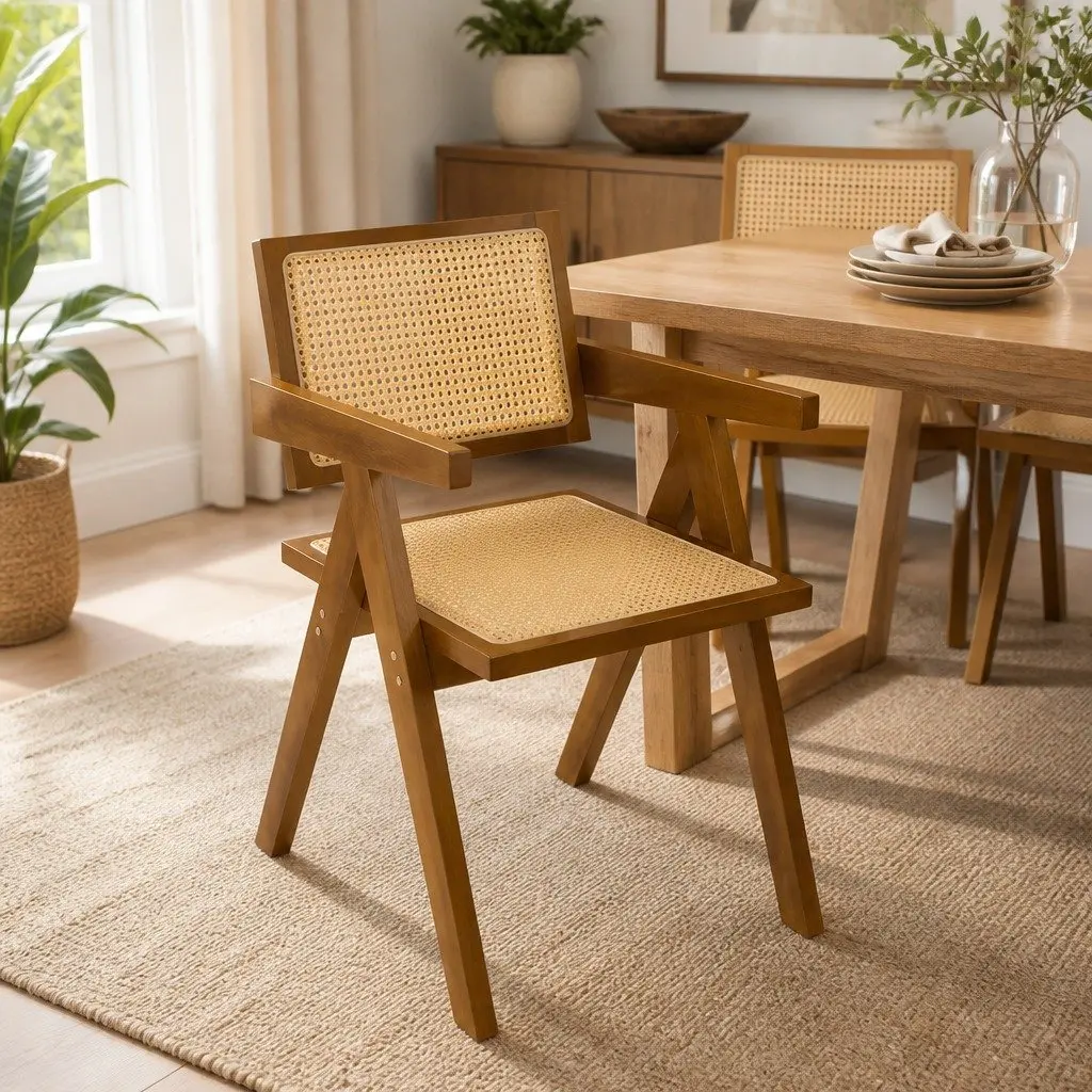 Dining Chair Rattan Weave Walnut Wooden Frame Armchair