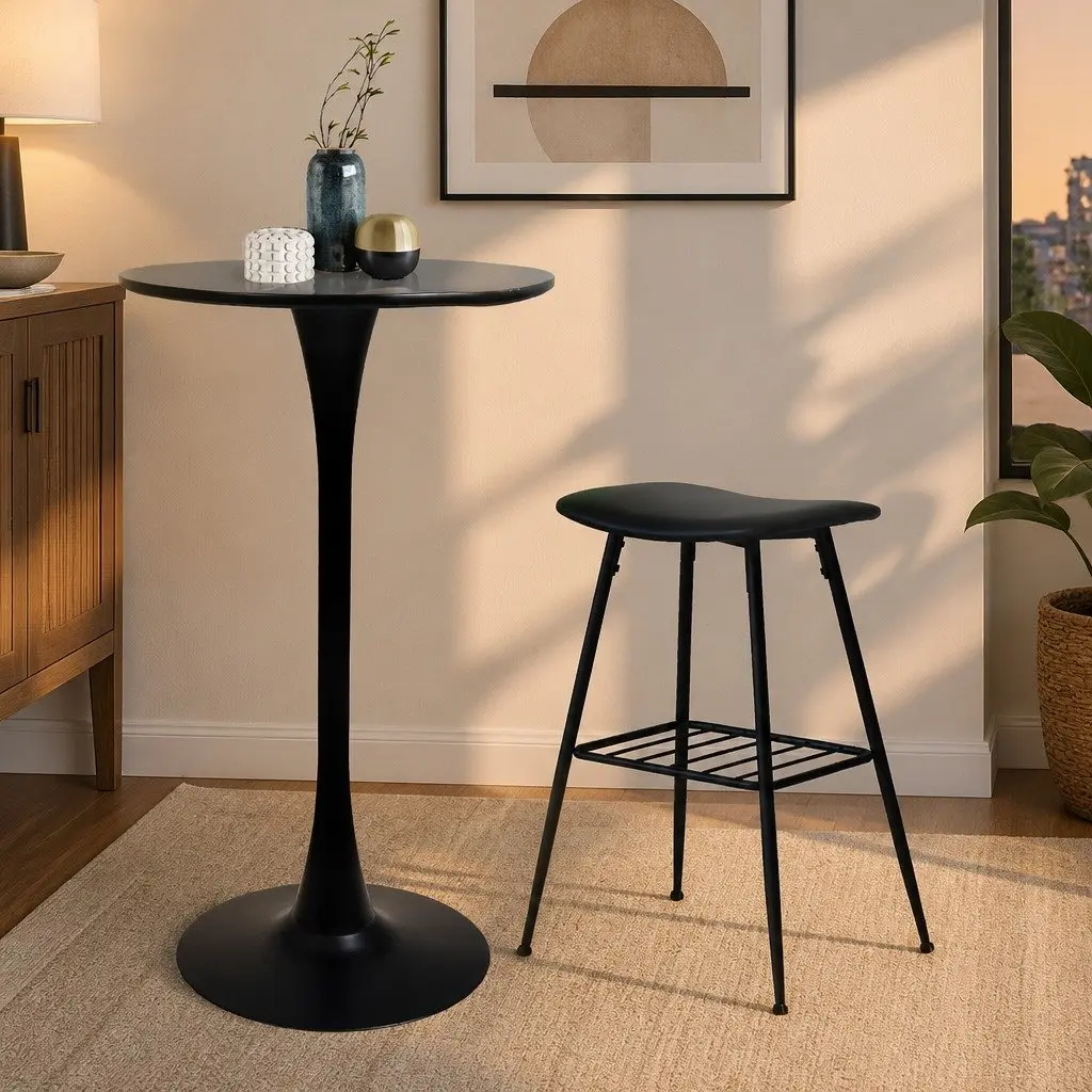 Round Bar Table High Top Pub Tables Gloss Marble Black Pack of 2