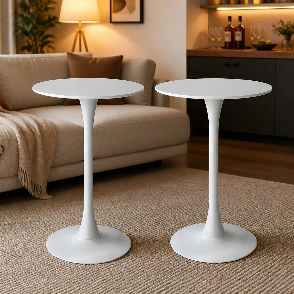 2x Round Bar Table High-Top Pub Tables White Gloss Marble Sturdy Steel Frame