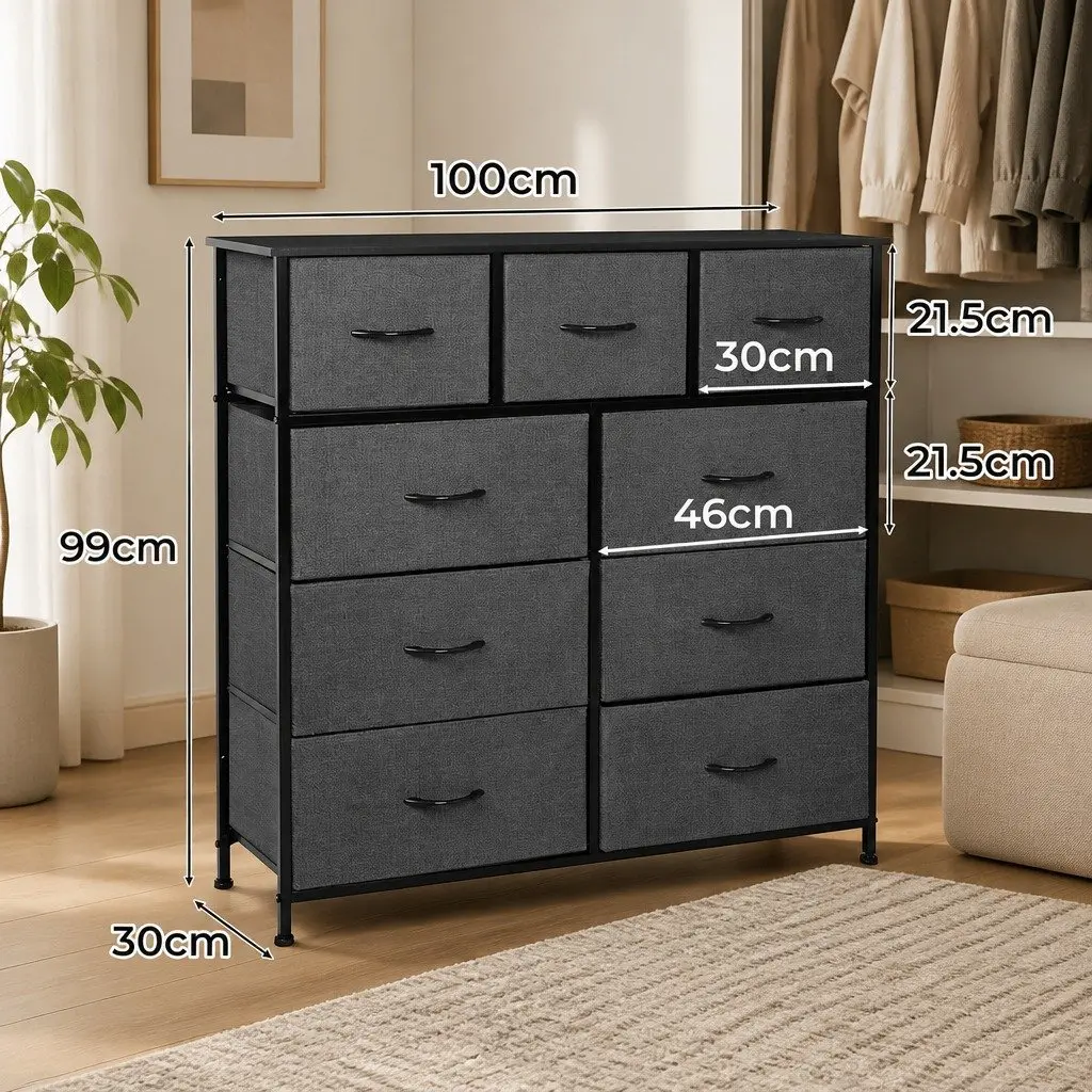 Chest of Drawers Storage Cabinet Grey 9 Drawer Tallboy Dresser MDF Steel