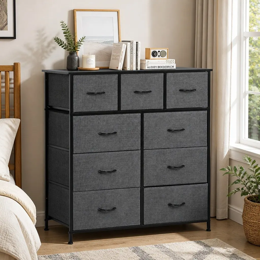 Chest of Drawers Storage Cabinet Grey 9 Drawer Tallboy Dresser MDF Steel