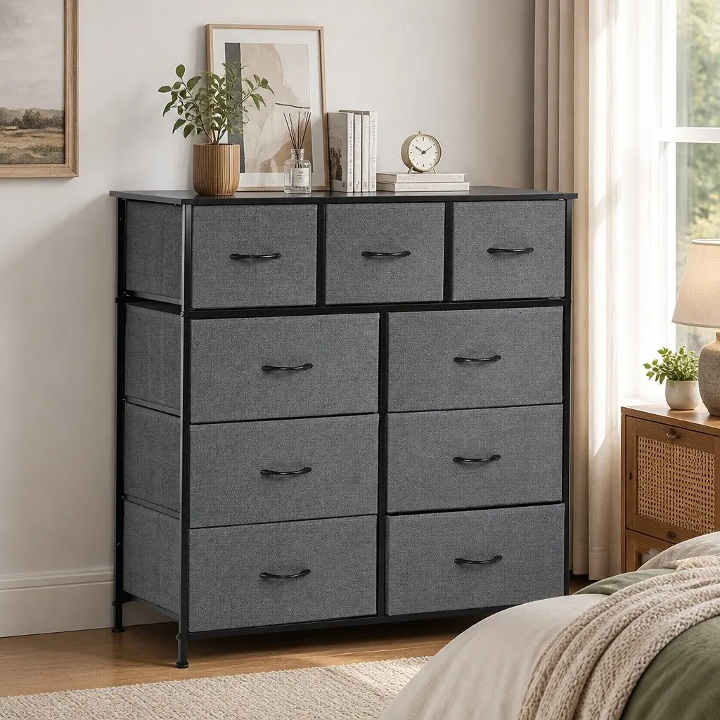 Chest of Drawers Storage Cabinet Grey 9 Drawer Tallboy Dresser MDF Steel