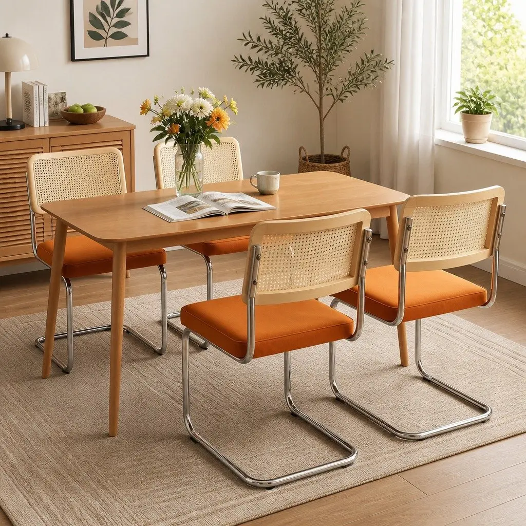 Set of 4 Rattan Dining Chairs with Steel Frame