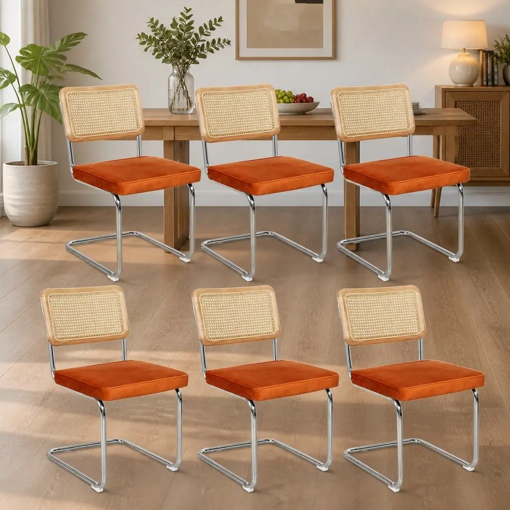 Set of 6 Rattan Dining Chairs with Velvet Seats
