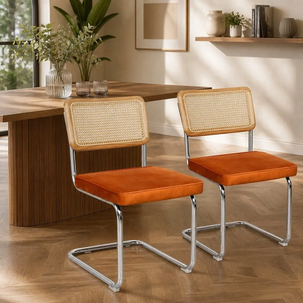 Set of 6 Rattan Dining Chairs with Velvet Seats