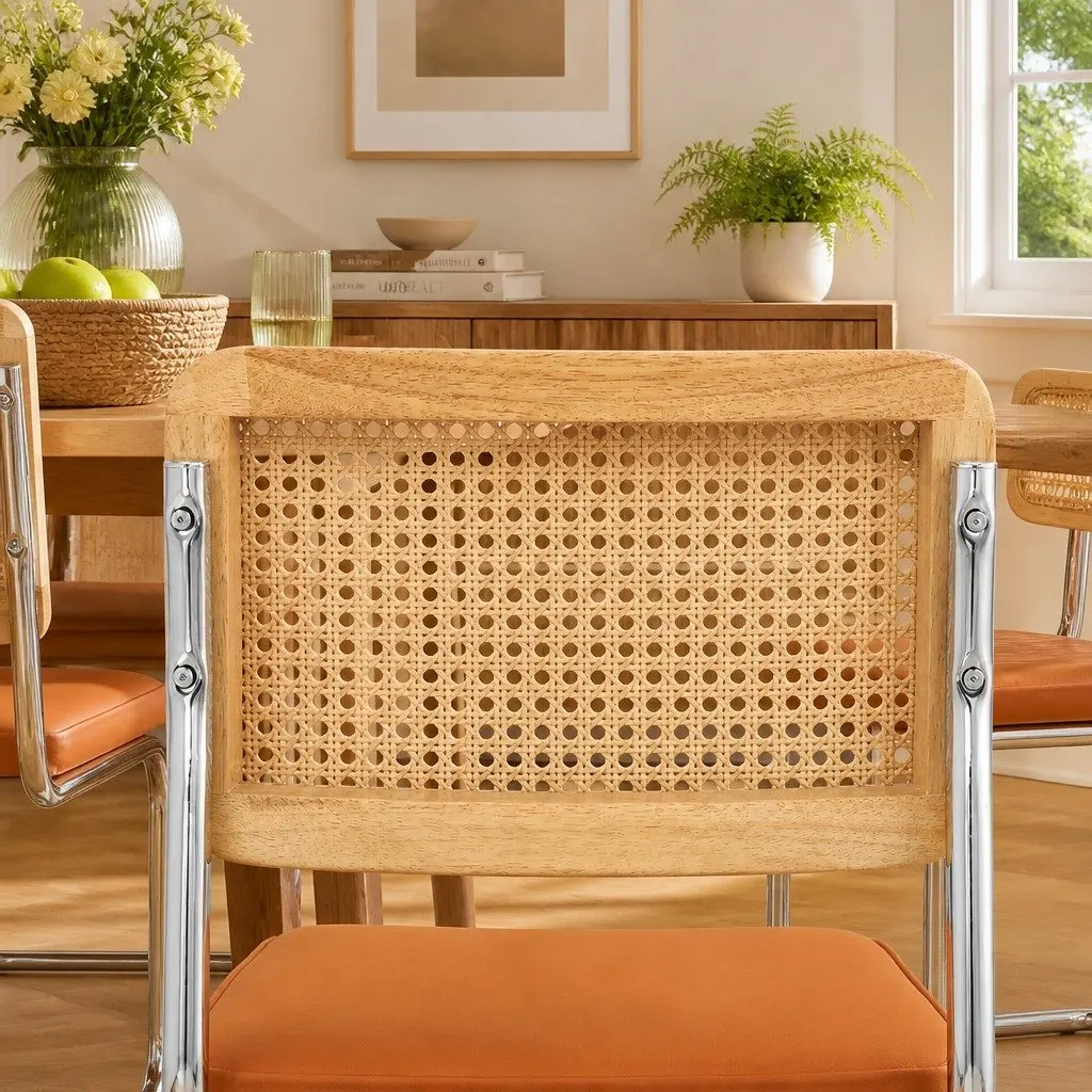 Set of 6 Rattan Dining Chairs with Velvet Seats