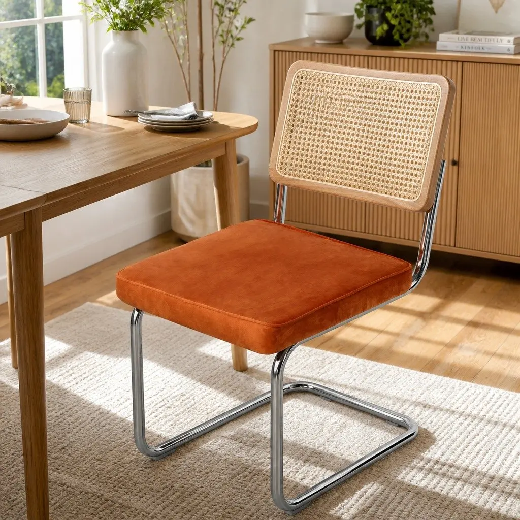 Set of 6 Rattan Dining Chairs with Velvet Seats