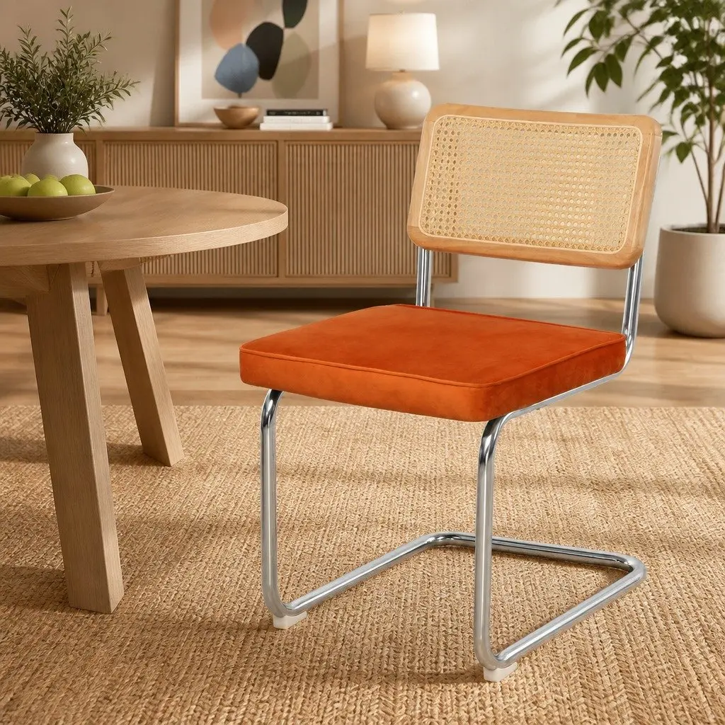 Set of 6 Rattan Dining Chairs with Velvet Seats