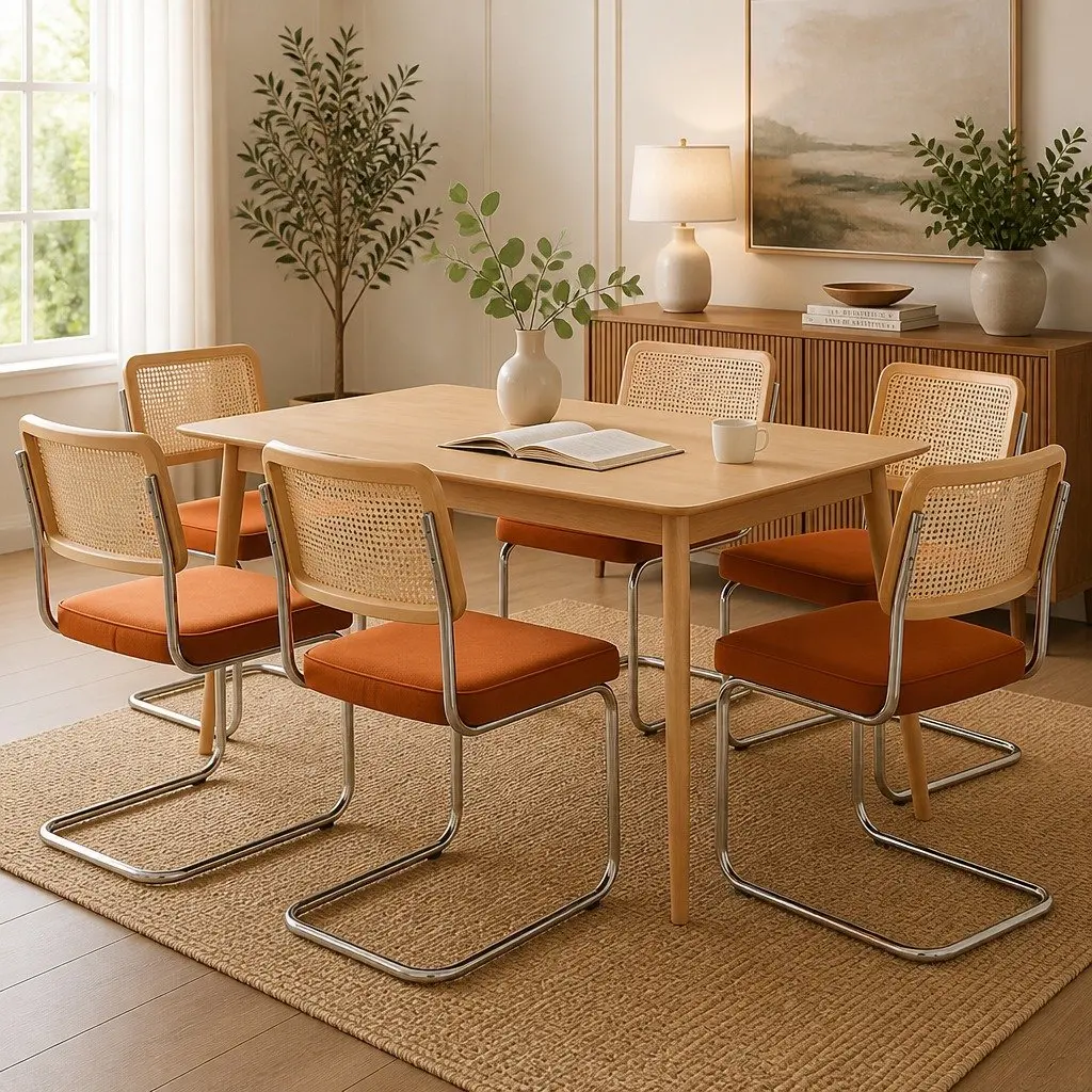 Set of 6 Rattan Dining Chairs with Velvet Seats