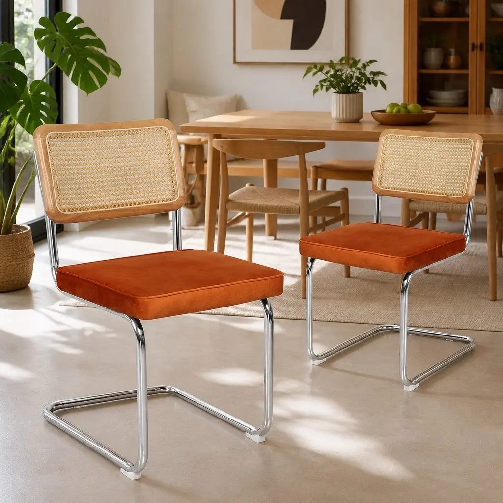 Set of 6 Rattan Dining Chairs with Velvet Seats
