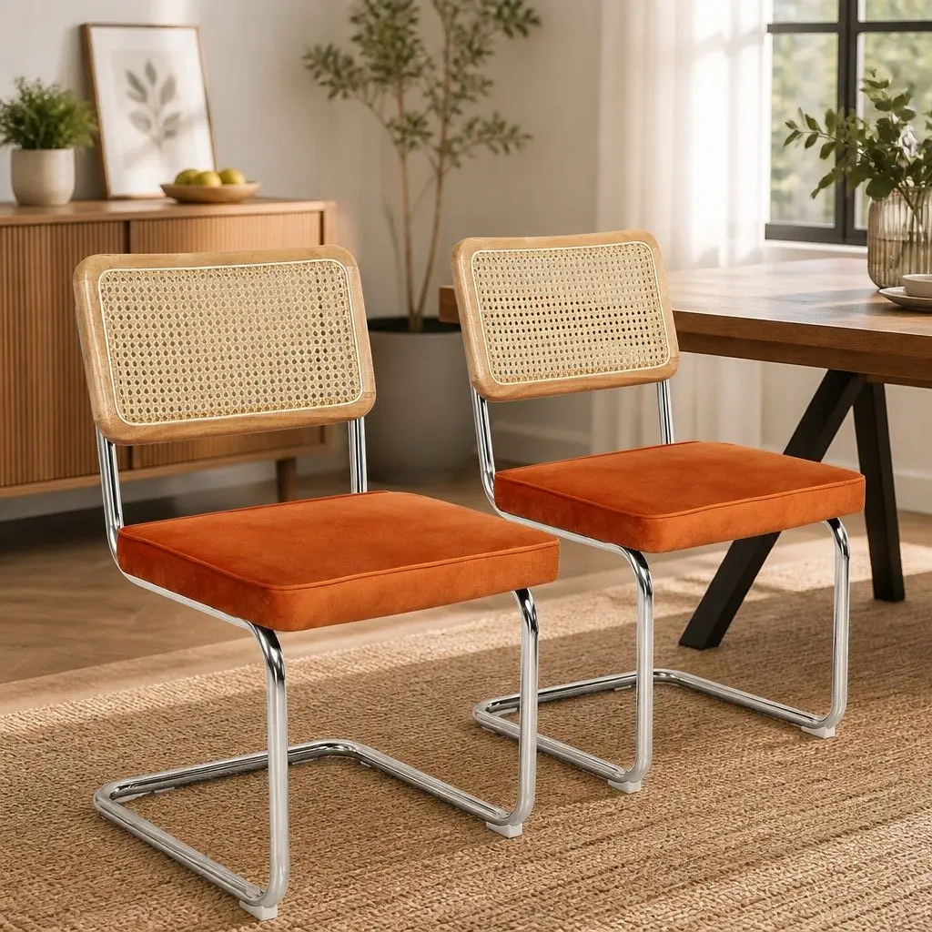 Dining Chairs Set of 8 Rattan Backrest Cantilevered Steel Frame Padded Seat