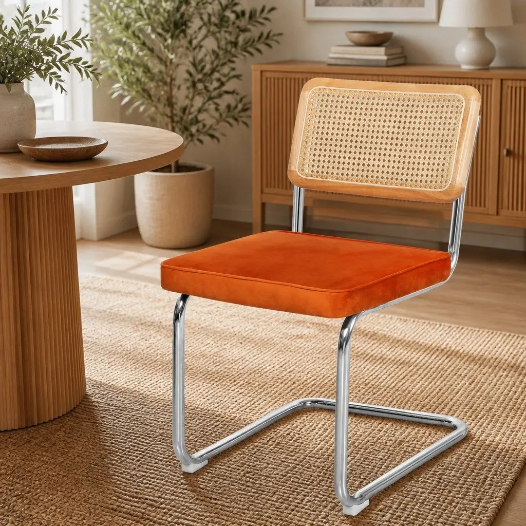 Dining Chairs Set of 8 Rattan Backrest Cantilevered Steel Frame Padded Seat