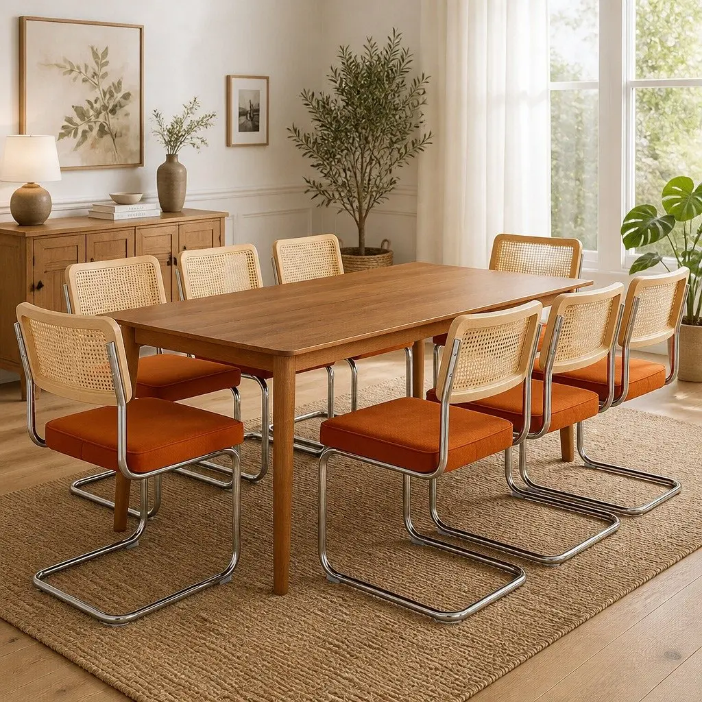 Dining Chairs Set of 8 Rattan Backrest Cantilevered Steel Frame Padded Seat