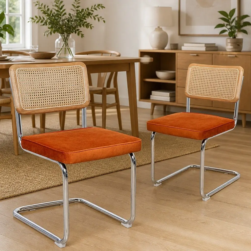 Dining Chairs Set of 8 Rattan Backrest Cantilevered Steel Frame Padded Seat