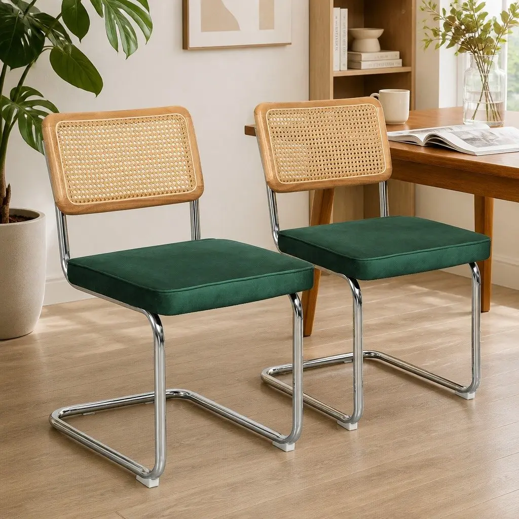 Rattan Dining Chairs Cantilever Frame Velvet Padded Seat Set of 4 Natural Green Burnt Orange