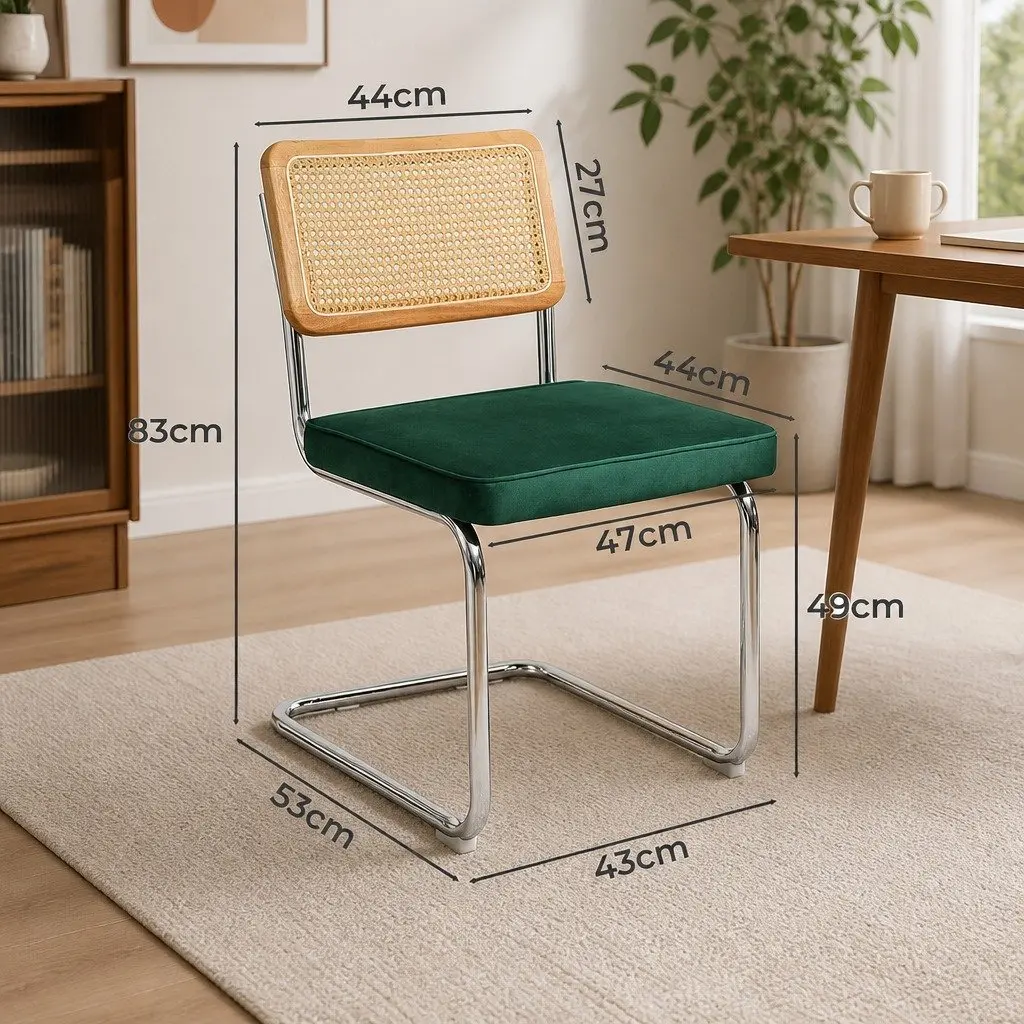 Rattan Dining Chairs Cantilever Frame Velvet Padded Seat Set of 4 Natural Green Burnt Orange