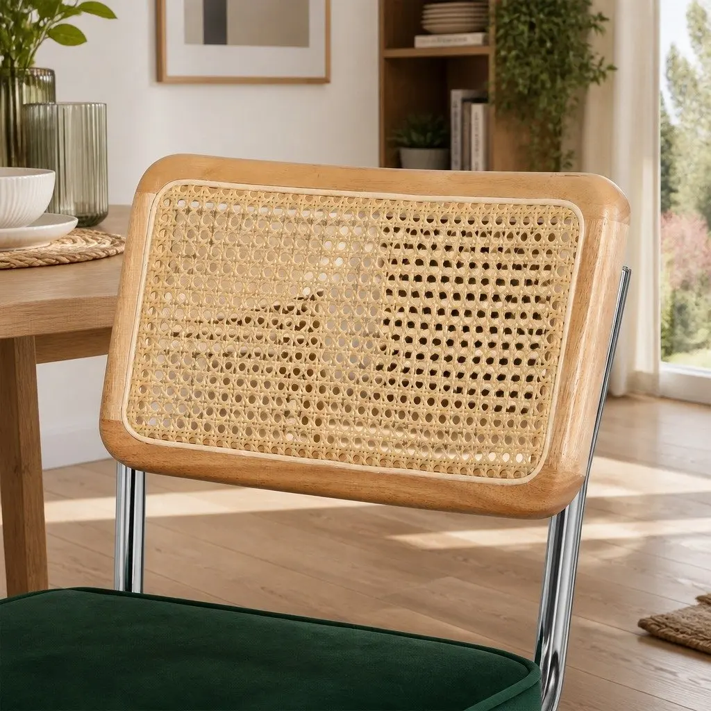 Rattan Dining Chairs Cantilever Frame Velvet Padded Seat Set of 4 Natural Green Burnt Orange