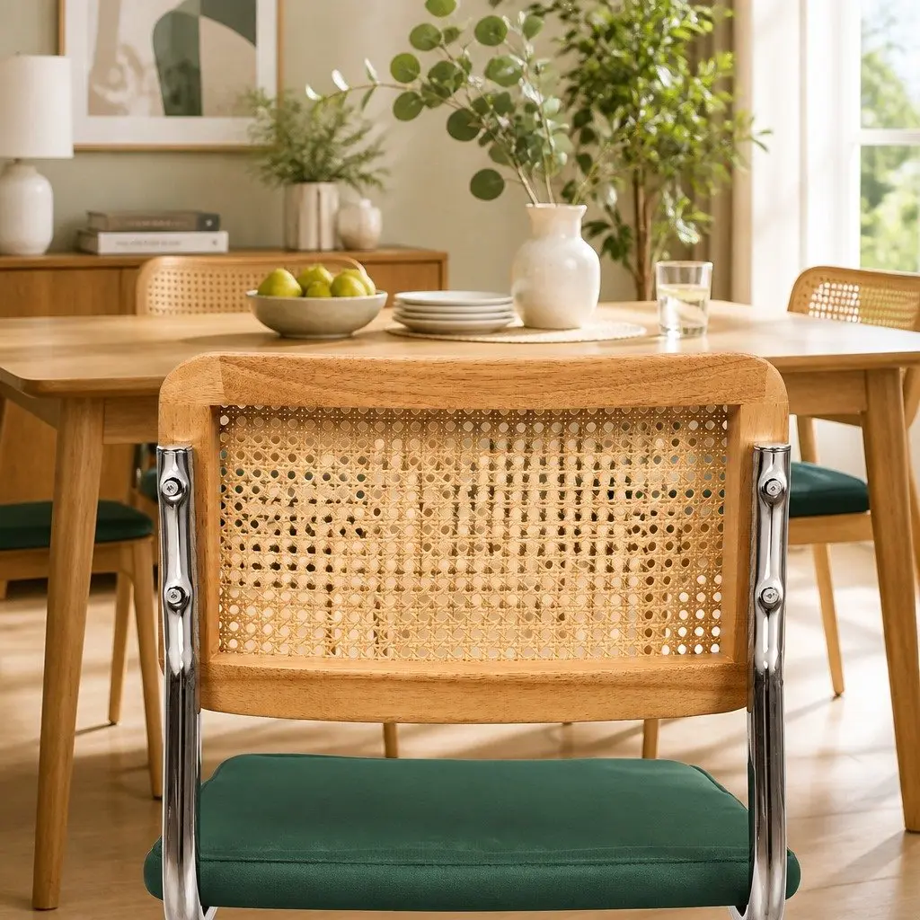 Rattan Dining Chairs Cantilever Frame Velvet Padded Seat Set of 4 Natural Green Burnt Orange