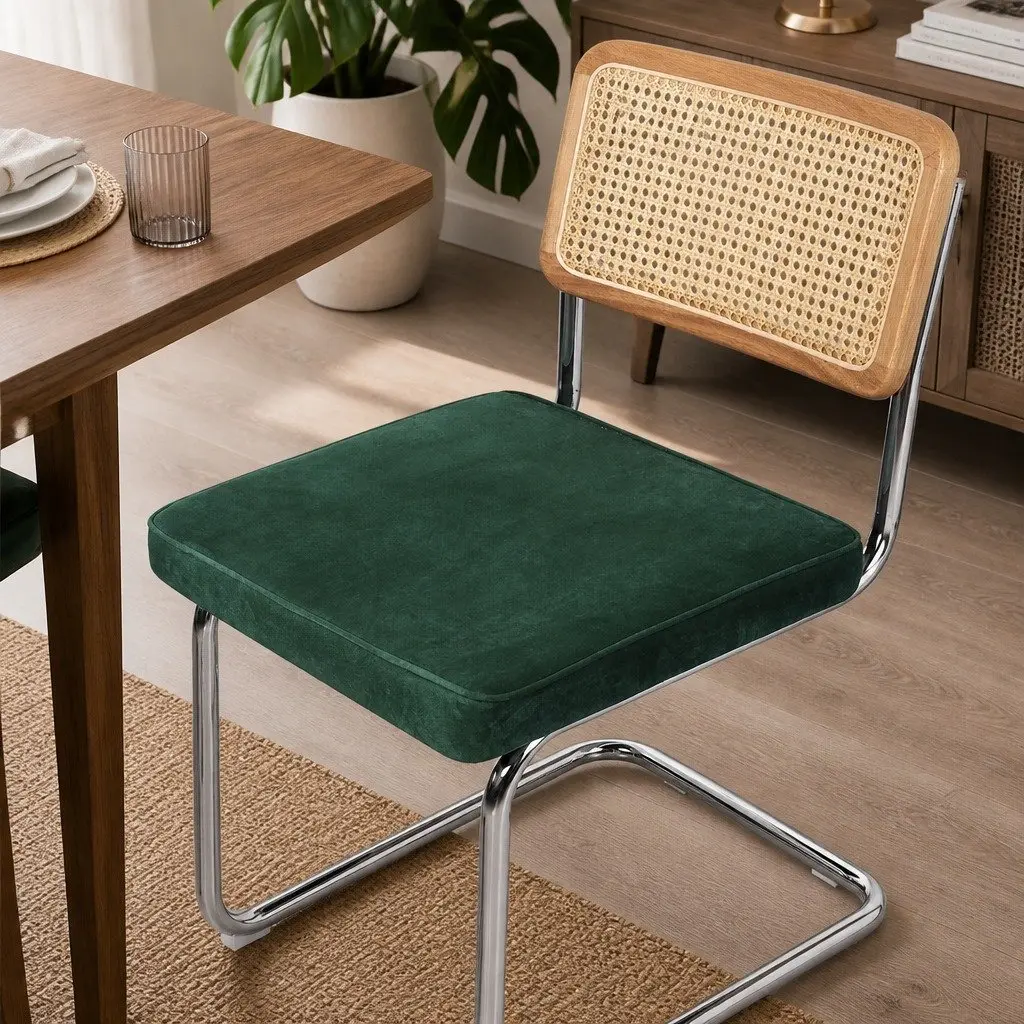 Rattan Dining Chairs Cantilever Frame Velvet Padded Seat Set of 4 Natural Green Burnt Orange