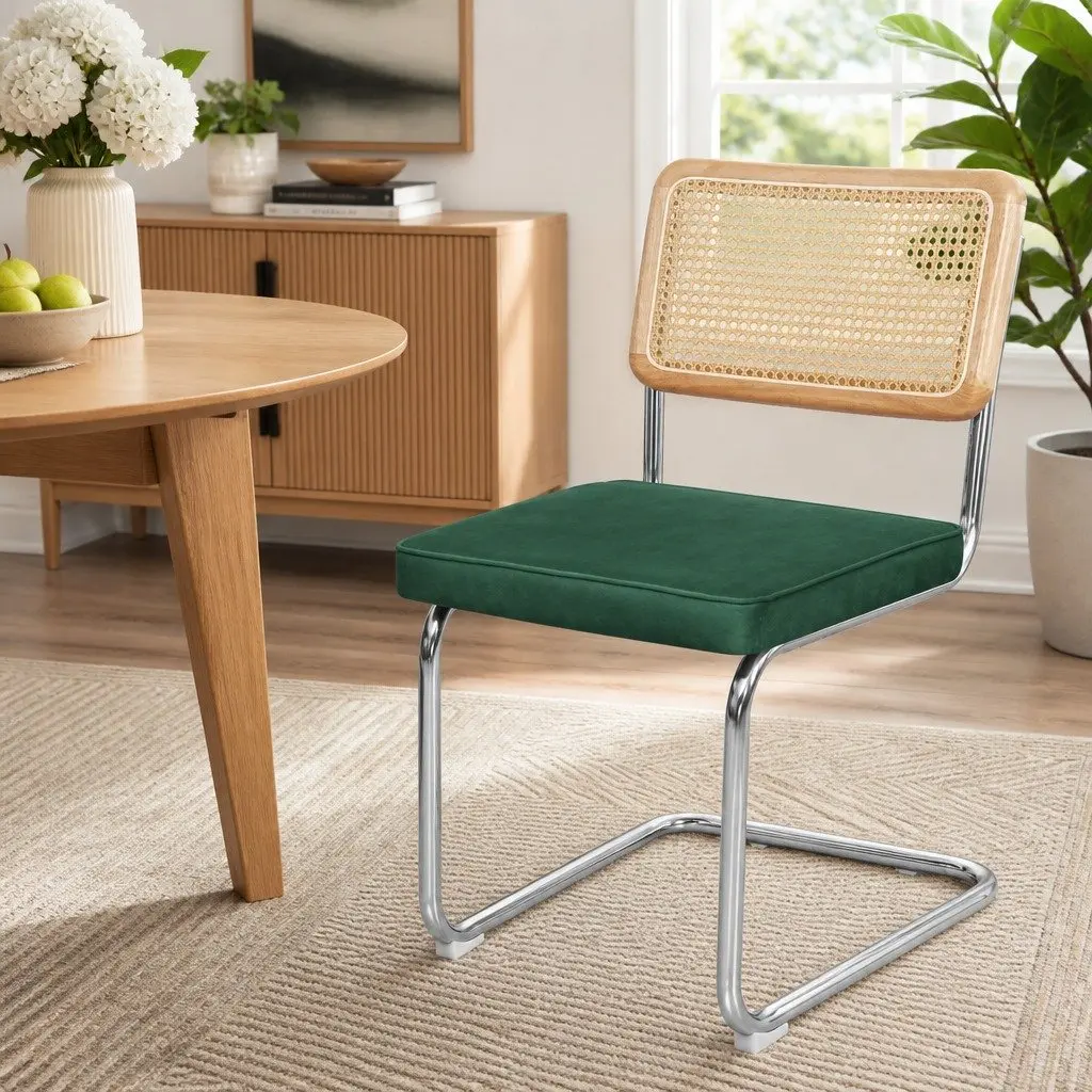 Rattan Dining Chairs Cantilever Frame Velvet Padded Seat Set of 4 Natural Green Burnt Orange