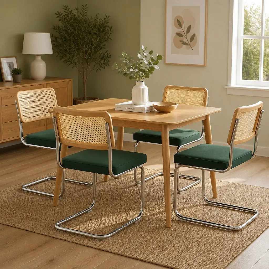 Rattan Dining Chairs Cantilever Frame Velvet Padded Seat Set of 4 Natural Green Burnt Orange