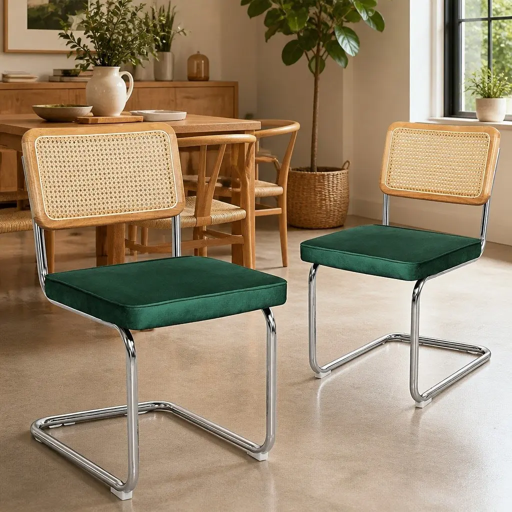 Rattan Dining Chairs Cantilever Frame Velvet Padded Seat Set of 4 Natural Green Burnt Orange