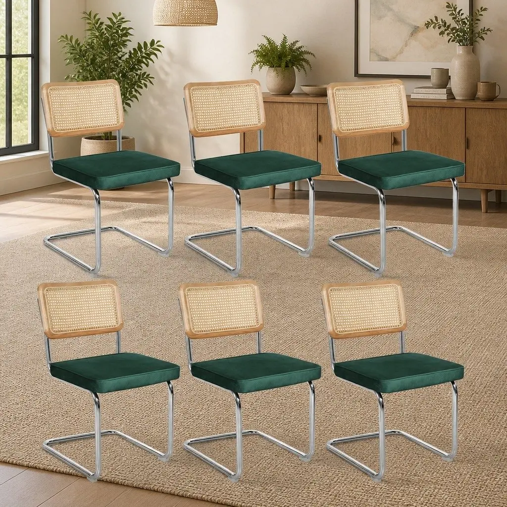 Rattan Dining Chairs Set of 6 Cantilever Steel Frame Woven PE Backrest Velvet Padded Seat