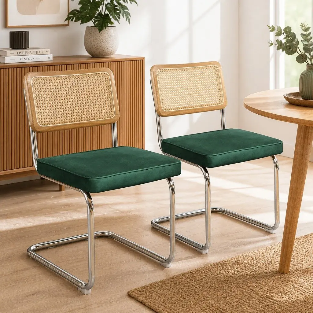 Rattan Dining Chairs Set of 6 Cantilever Steel Frame Woven PE Backrest Velvet Padded Seat