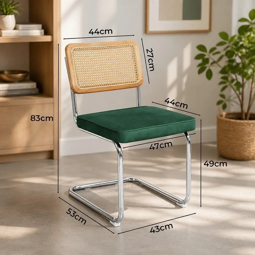 Rattan Dining Chairs Set of 6 Cantilever Steel Frame Woven PE Backrest Velvet Padded Seat