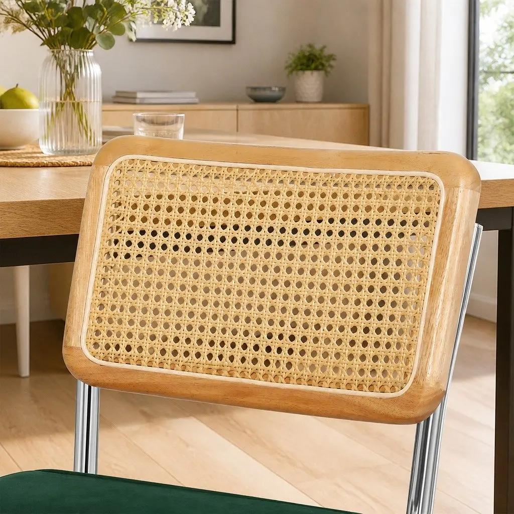 Rattan Dining Chairs Set of 6 Cantilever Steel Frame Woven PE Backrest Velvet Padded Seat