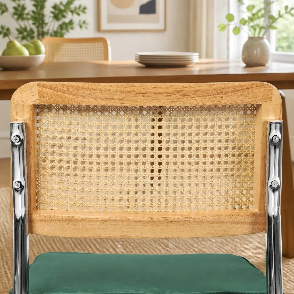 Rattan Dining Chairs Set of 6 Cantilever Steel Frame Woven PE Backrest Velvet Padded Seat