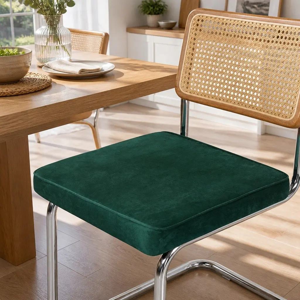 Rattan Dining Chairs Set of 6 Cantilever Steel Frame Woven PE Backrest Velvet Padded Seat