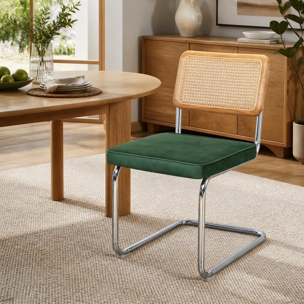 Rattan Dining Chairs Set of 6 Cantilever Steel Frame Woven PE Backrest Velvet Padded Seat