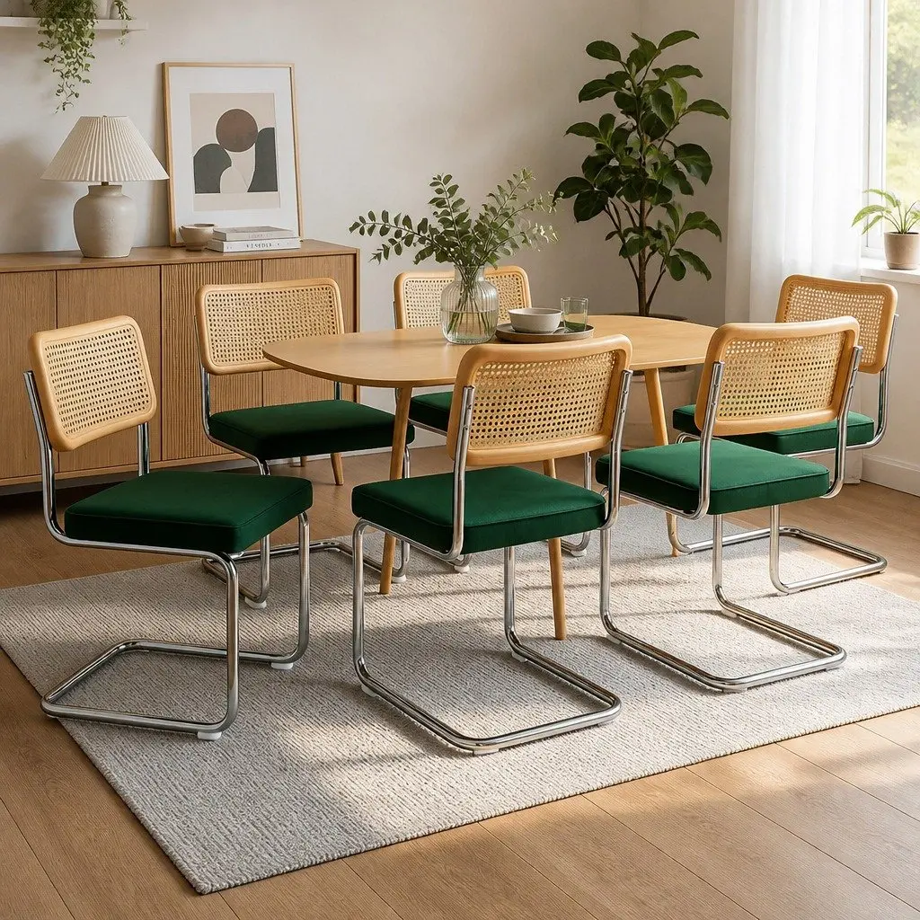 Rattan Dining Chairs Set of 6 Cantilever Steel Frame Woven PE Backrest Velvet Padded Seat