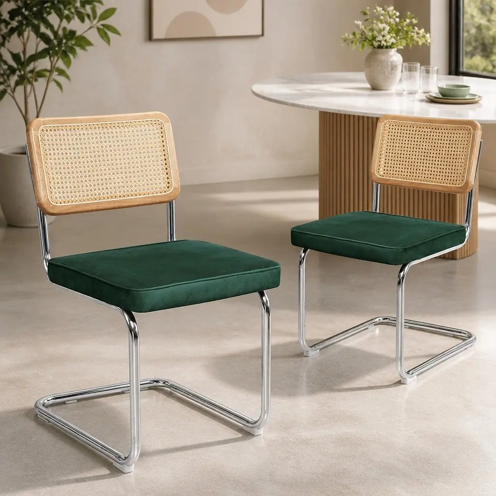 Rattan Dining Chairs Set of 6 Cantilever Steel Frame Woven PE Backrest Velvet Padded Seat