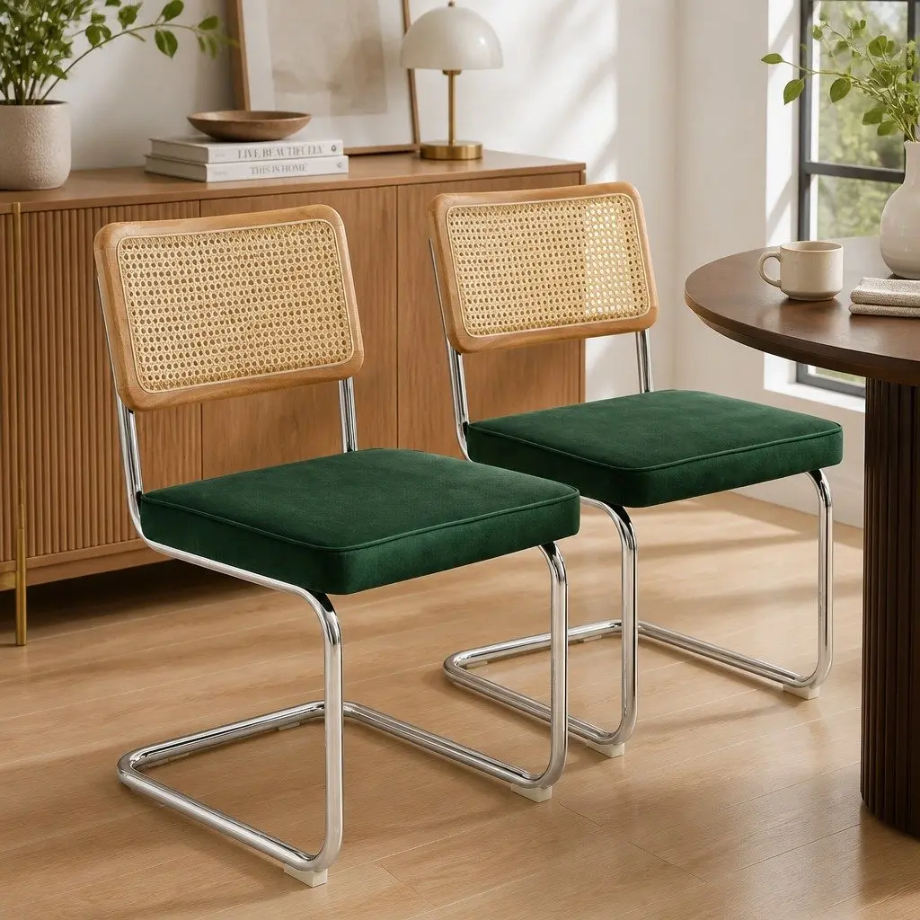 Set of 8 Dining Chairs Padded Seat Steel Frame Rattan Backrest Kitchen Natural and Green