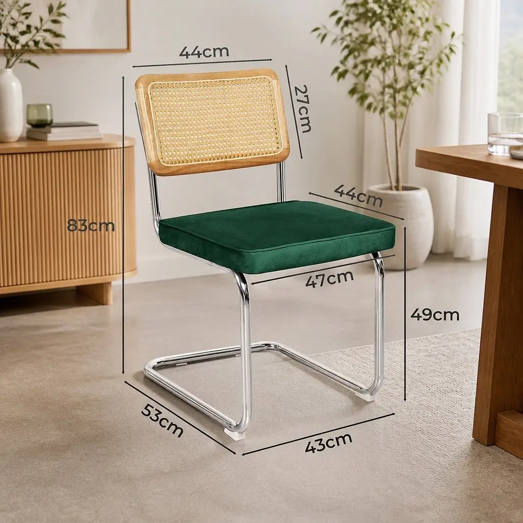 Set of 8 Dining Chairs Padded Seat Steel Frame Rattan Backrest Kitchen Natural and Green