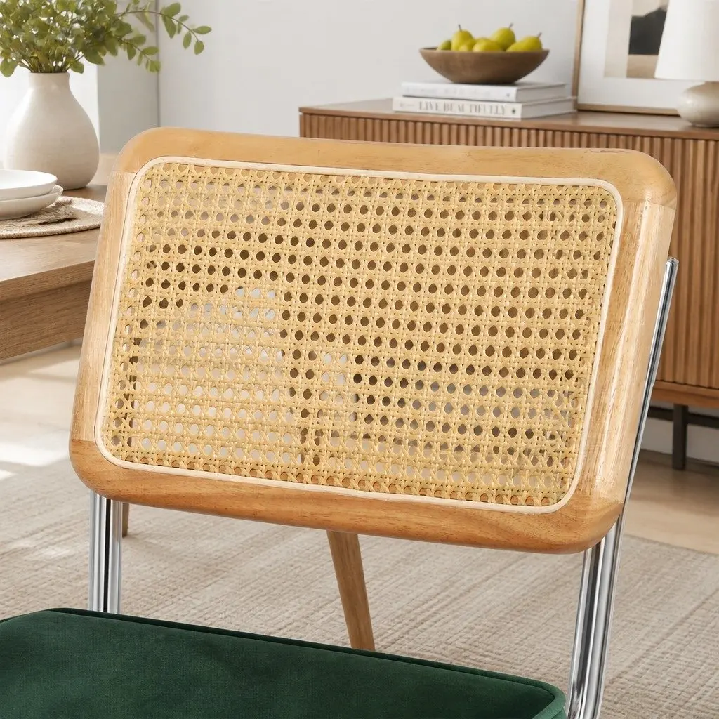 Set of 8 Dining Chairs Padded Seat Steel Frame Rattan Backrest Kitchen Natural and Green