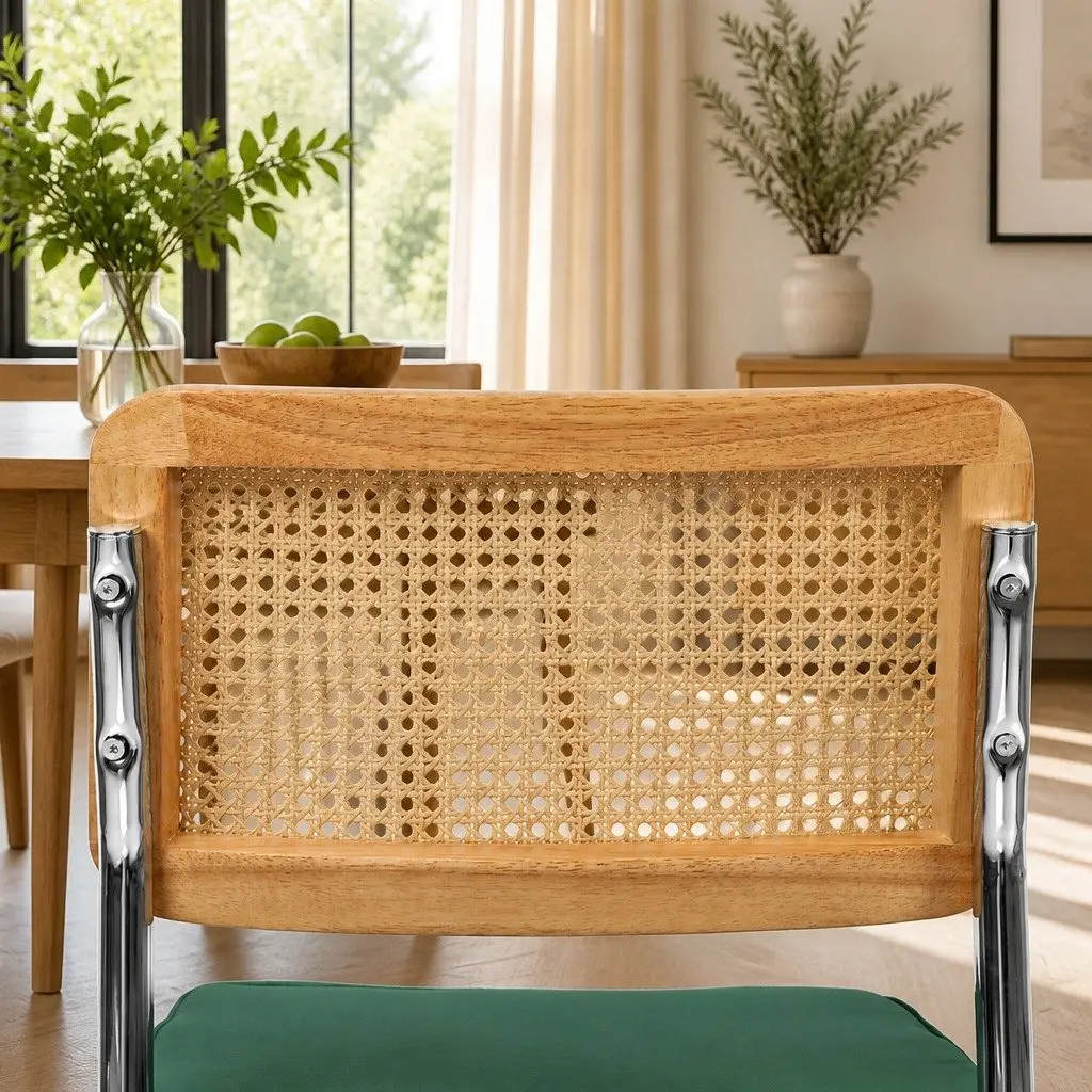 Set of 8 Dining Chairs Padded Seat Steel Frame Rattan Backrest Kitchen Natural and Green