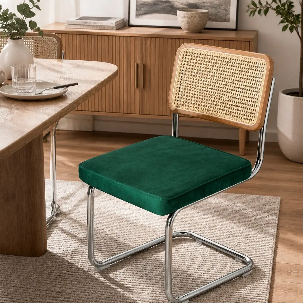 Set of 8 Dining Chairs Padded Seat Steel Frame Rattan Backrest Kitchen Natural and Green