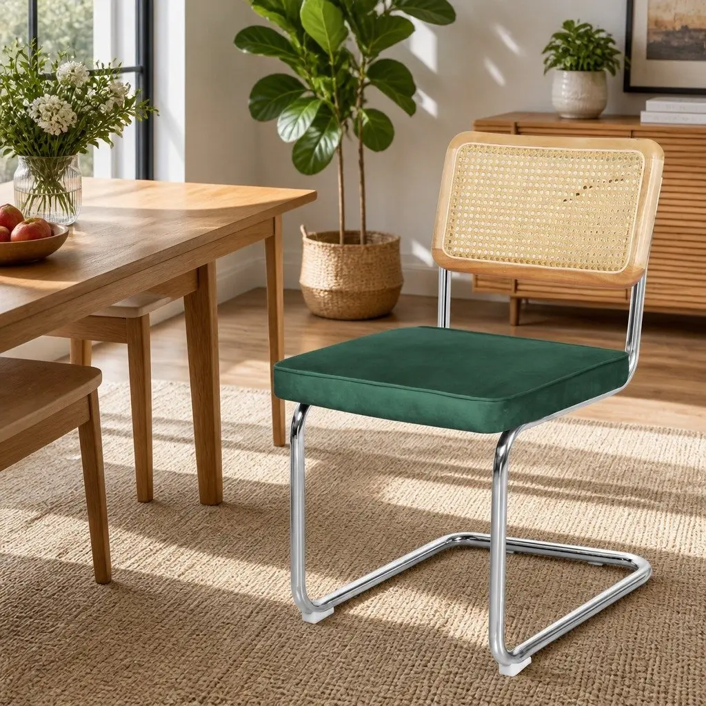 Set of 8 Dining Chairs Padded Seat Steel Frame Rattan Backrest Kitchen Natural and Green