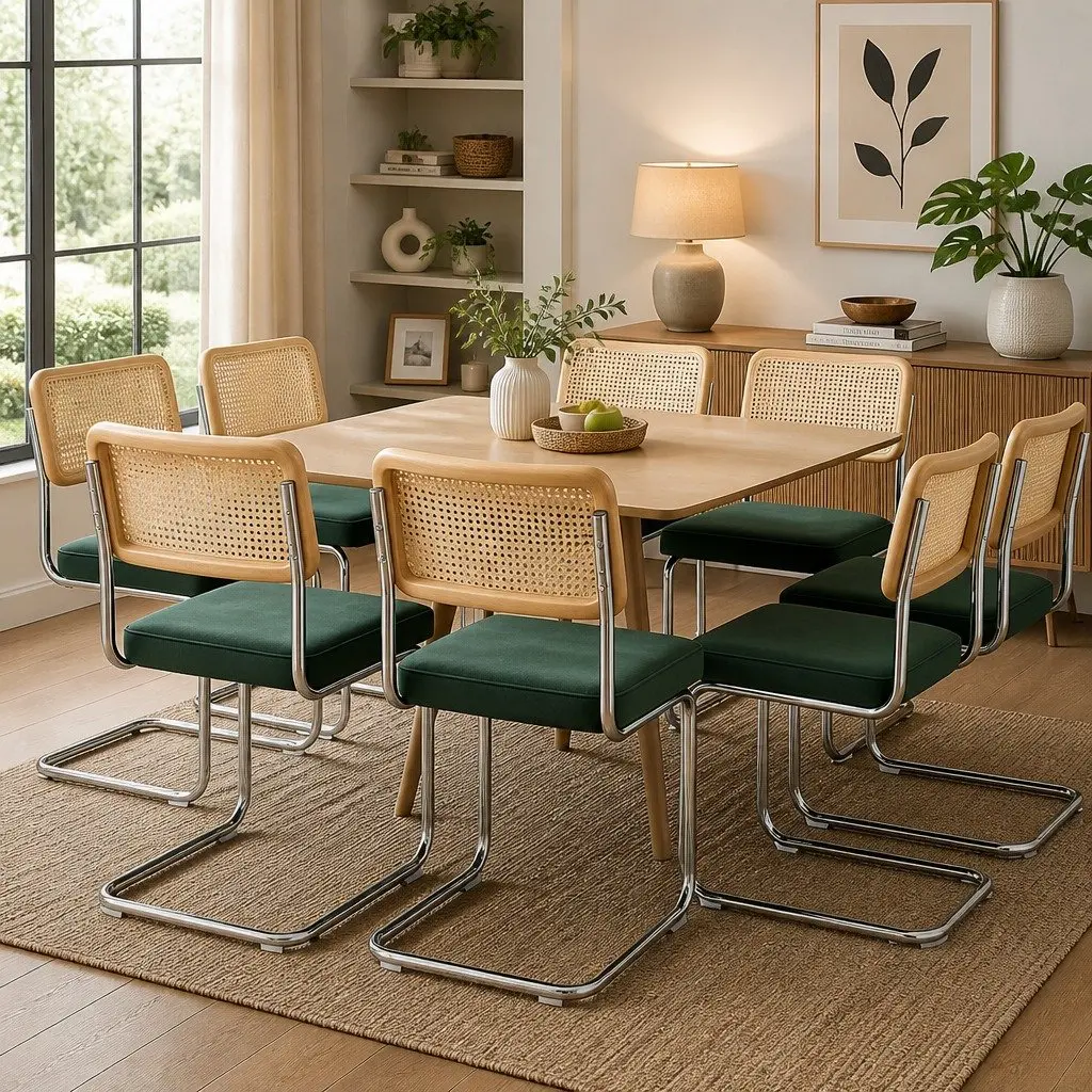 Set of 8 Dining Chairs Padded Seat Steel Frame Rattan Backrest Kitchen Natural and Green