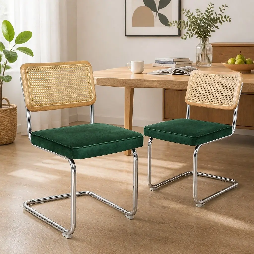Set of 8 Dining Chairs Padded Seat Steel Frame Rattan Backrest Kitchen Natural and Green