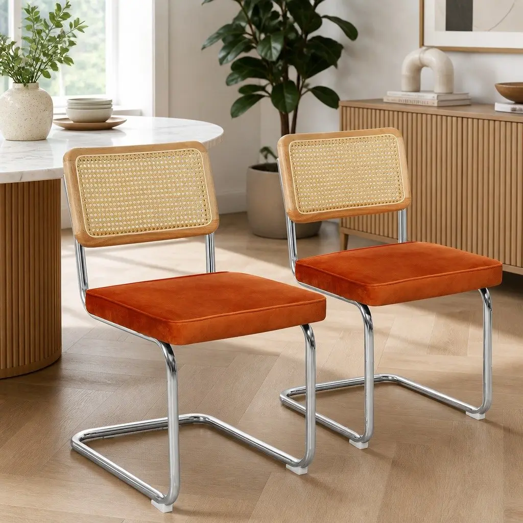Velvet Padded Dining Chairs with Rattan Backrest