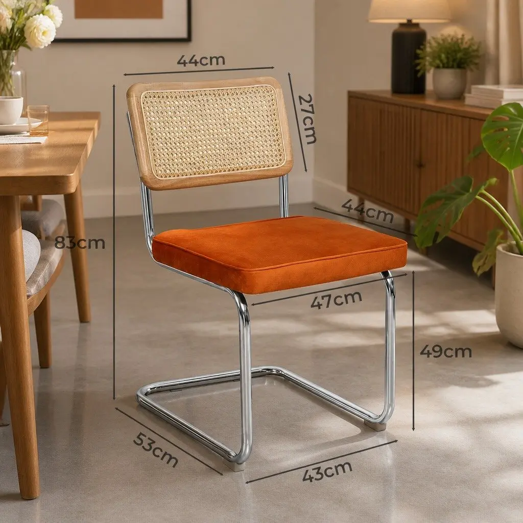 Velvet Padded Dining Chairs with Rattan Backrest