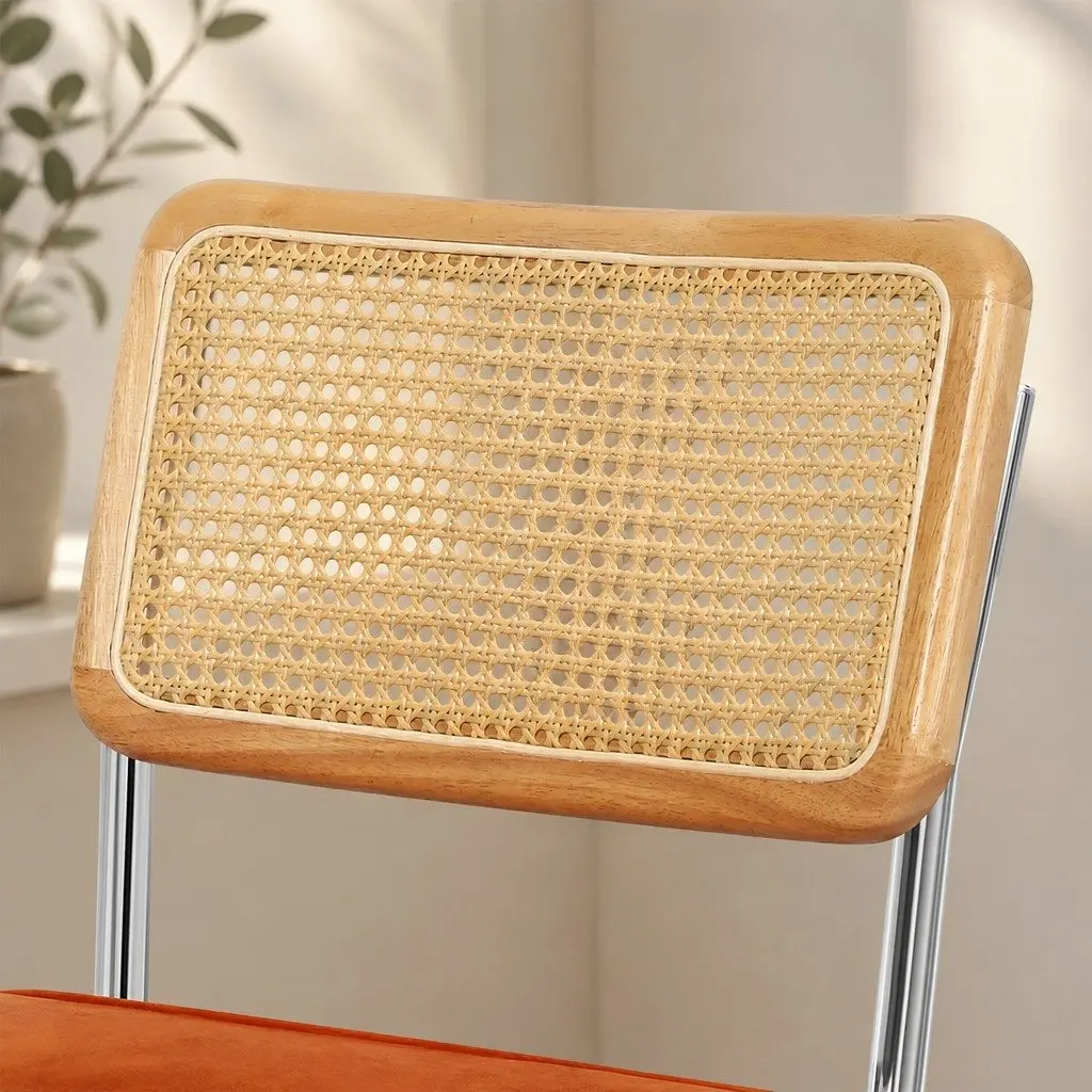 Velvet Padded Dining Chairs with Rattan Backrest