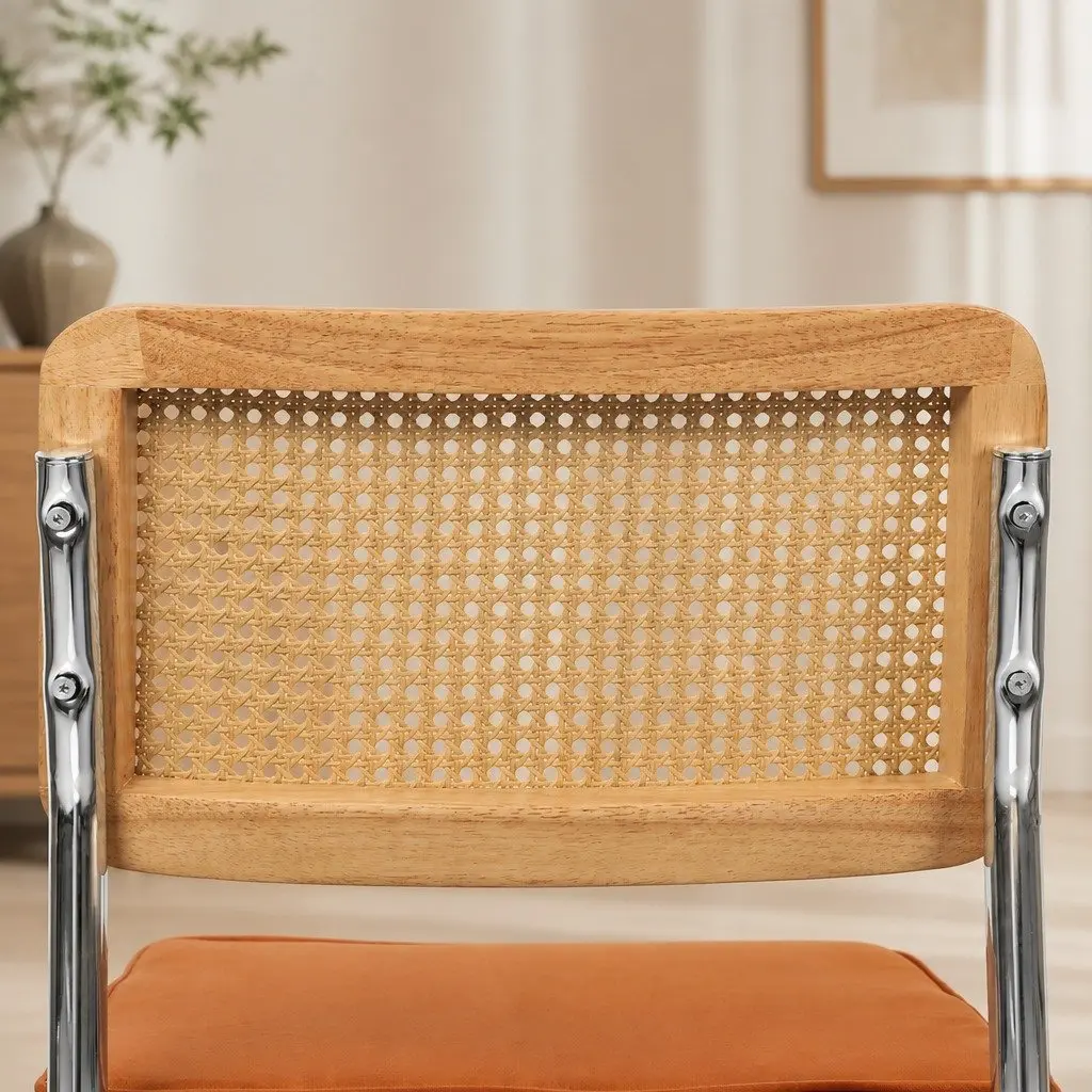 Velvet Padded Dining Chairs with Rattan Backrest